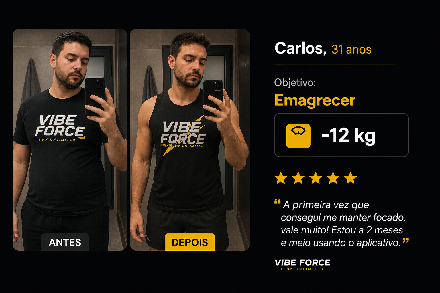 Carlos, 31 anos — objetivo emagrecer, -12kg. Depoimento sobre o Vibe Force.