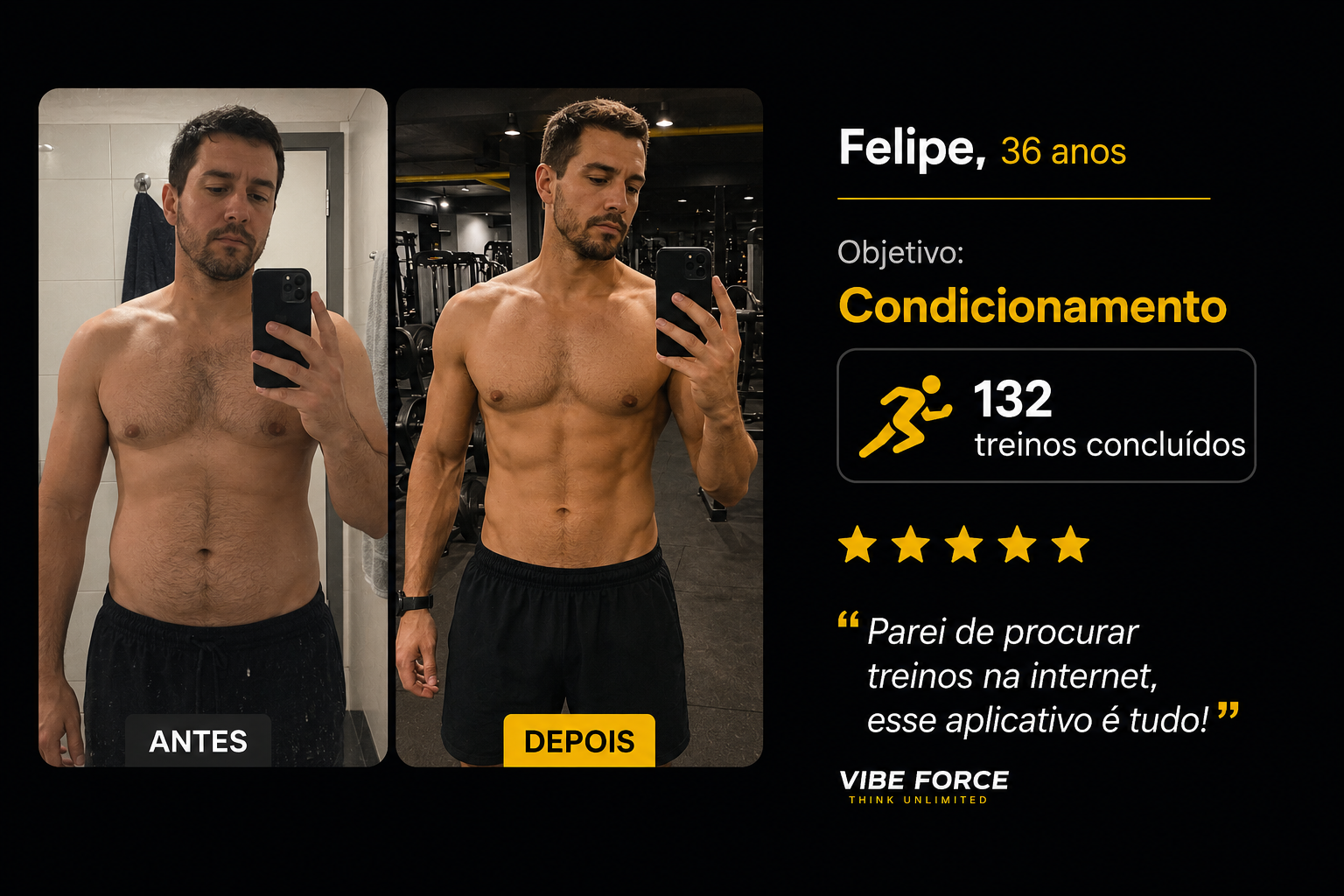 Felipe, 36 anos — objetivo condicionamento, 132 treinos concluídos. Depoimento sobre o Vibe Force.